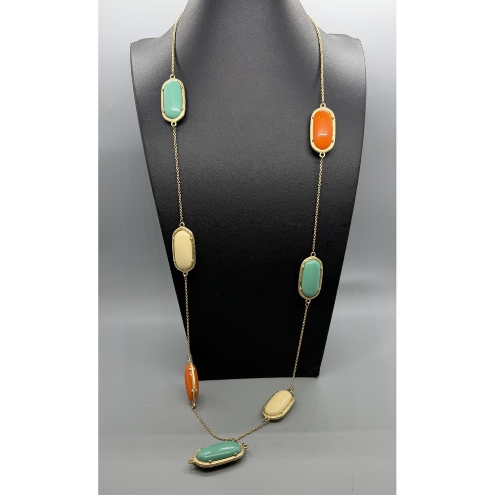 Long Station Necklace Acrylic Blue Green  Orange and Cream  Gold Tone  Chain 38"